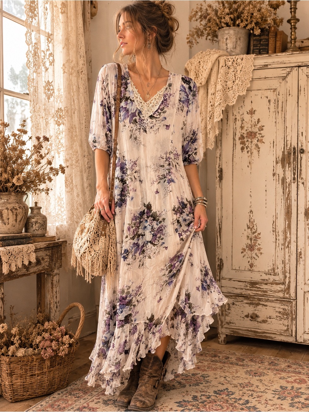 Vintage Nostalgia Romantic Floral Handkerchief Hem Dress| Size S| Rayon